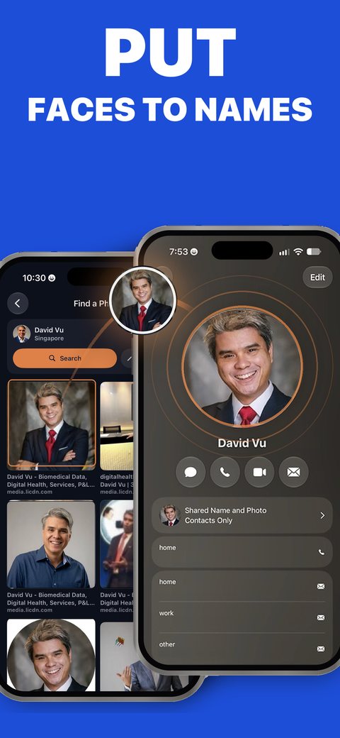 AddFace2Contact search results beside the finished contact card in Apple Contacts