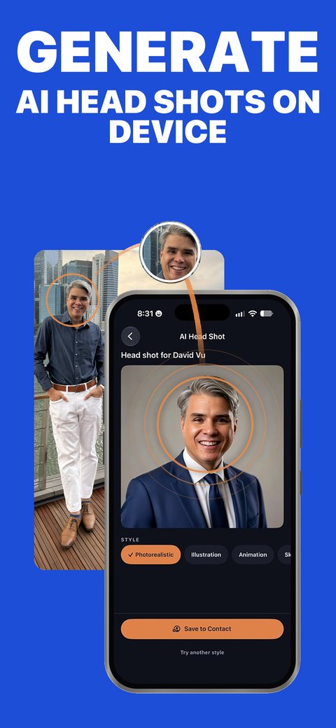 AI Head Shot screen turning a full-length photo into a styled portrait
