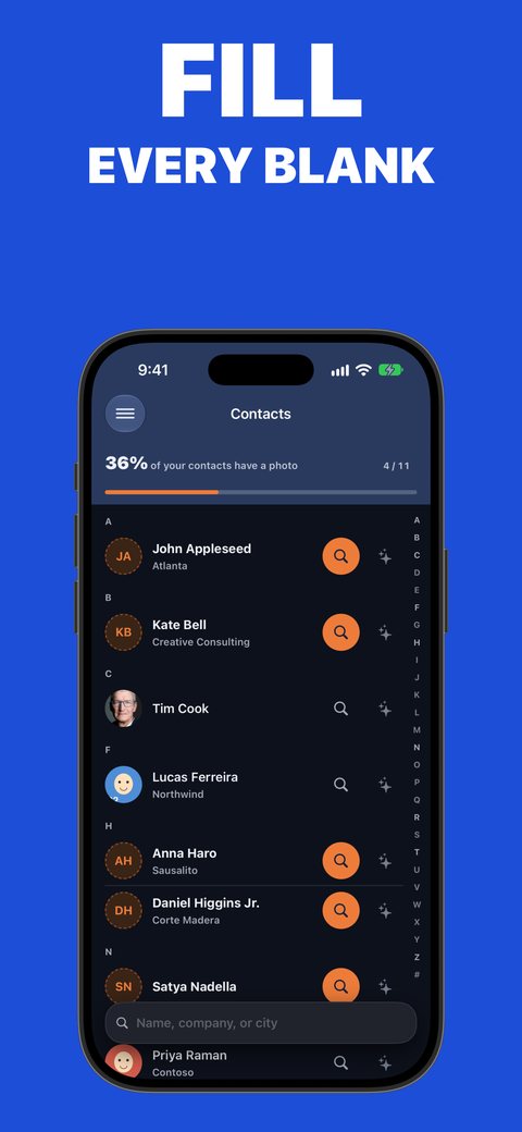 AddFace2Contact contact list showing which cards are missing a photo